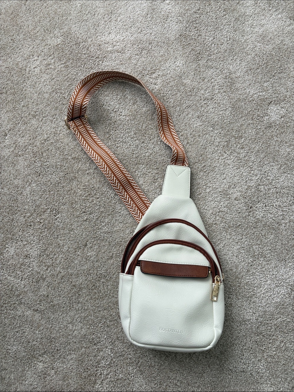 White & Brown Crossbody Sling Bag with Patterned Strap